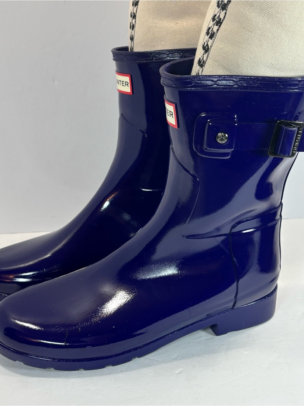 Hunter Purple Rubber Original Short Glossy Rain Boots Sz 7 Adjustable Back Boho
